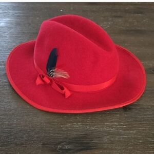 M'sieu Leon Vintage Red 100% Wool Felt Fedora Hat with Feather Accent
